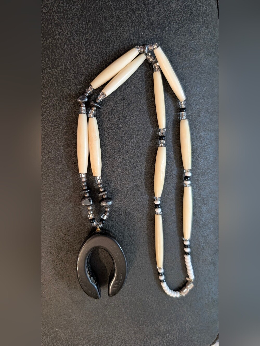 Indigenous Style Buffalo Bone Hairpipe Necklace w/ Carved Horn Loop Pendant